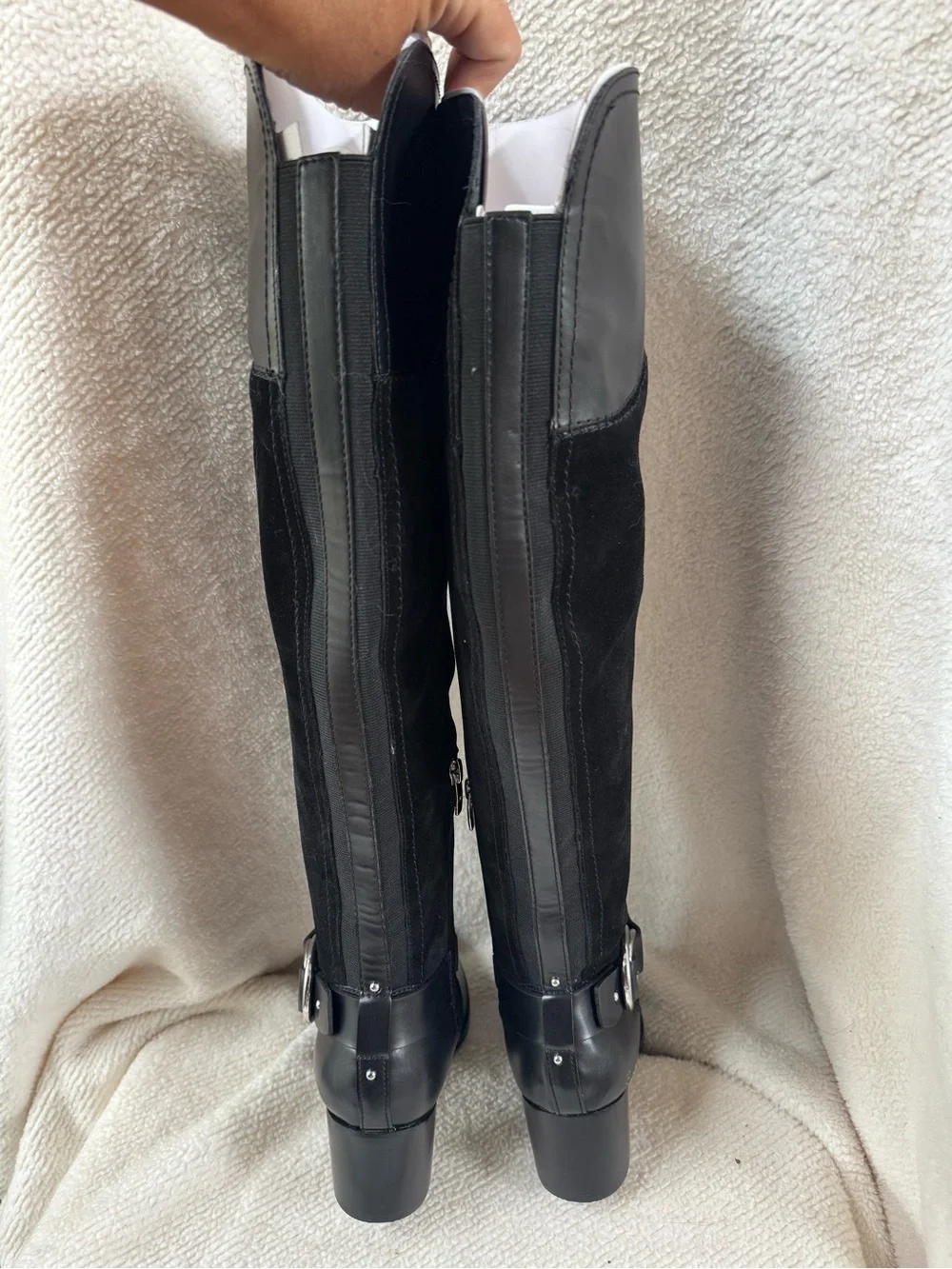 Marc Fisher Editer Black Leather Suede Tall Knee Boots buckle detail 6W